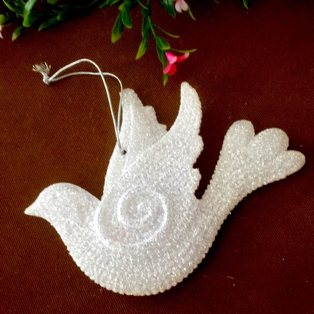 Large 5"x4" White & Silver Glitter Dove If Peace Christmas Ornament